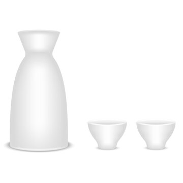 Realistic white ceramic or porcelain sake set isolated on white front view, vector 3d mockup of carafe and two small cups for Japanese drinks and restaurant presentation.