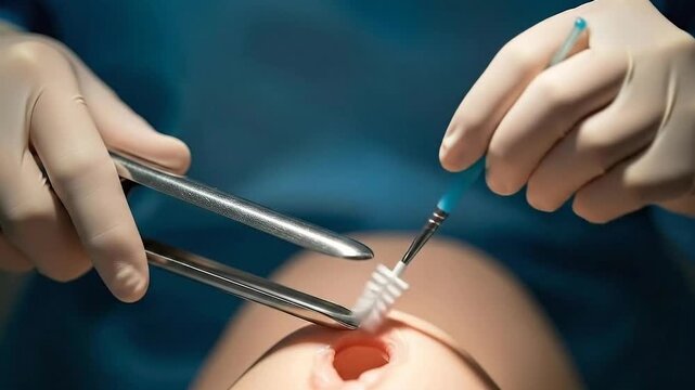 Medical Procedure Simulation Close Up Featuring Surgical Instruments for Gynecological Examination and Pap Smear Test in Clinical Setting