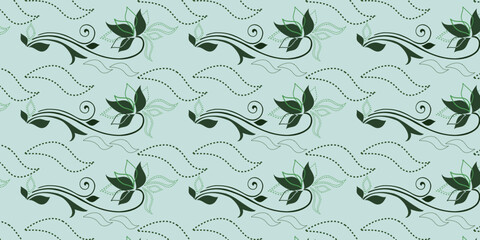 A seamless pattern with floral motifs and dotted lines on a light blue background repeating design