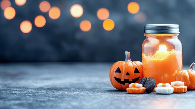 A festive Halloween scene featuring a carved pumpkin, a lit candle in a jar, and assorted candies, set against a dark background with blurred orange bokeh light - Powered by Adobe