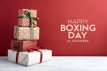 Happy Boxing Day: Stacked Gift Boxes With Ribbons On Red Background

