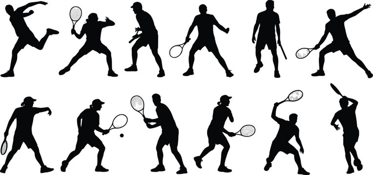 Tennis player silhouette, action poses, racket highlight, serve motion, sports training, dynamic movement, athlete form, black figure, isolated, competitive game, fitness concept, agility