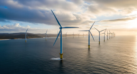 Massive Offshore Wind Farm at Sunset Generating Sustainable Clean Electric Power in the Ocean