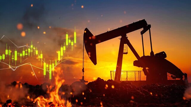 Oil Extraction Rig Silhouette with Financial Graph Overlay at Sunset