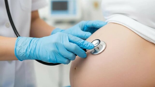 Medical Professional Listening To Pregnant Abdomen With Stethoscope Gentle Examination In Clinic White Background