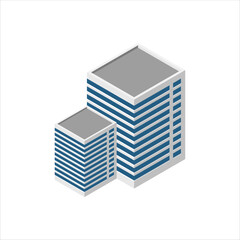 Isometric modern building. Building 3d render illustration with windows and trees, simple icon white colors. home buildings illustrations in 3d dimetric isometric view. Isometric urban city downtown.