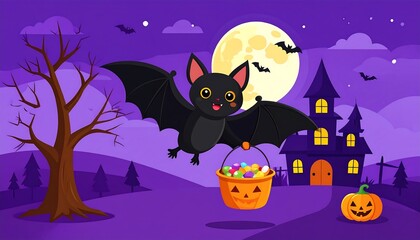 Cute Cartoon Halloween Illustration with a Bat Carrying Candy and a Spooky House
