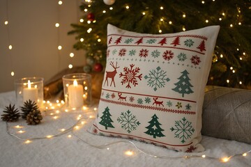 Cozy christmas decorative pillow mockup with festive holiday lights