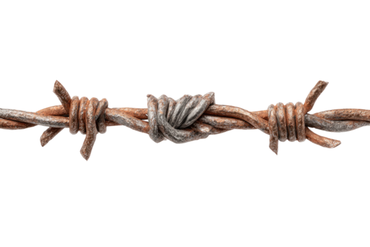 Rusty, coiled barbed wire strand; detailed texture