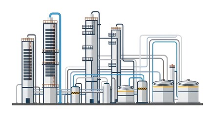 Obraz premium An architectural flat design icon of a refinery. Emphasizes the engineering structure of the plant with clean, geometric shapes for distillation towers, pipelines, and storage tanks. No smoke, focusin