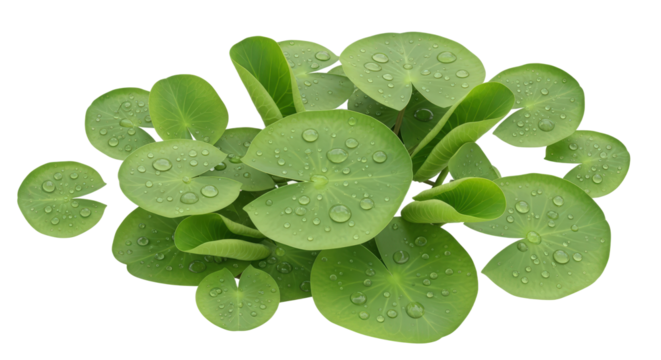 Close Up Of Green Lily Pad Leaves With Water Droplets isolated on Transparent Background