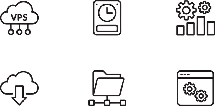 Set of six cloud computing and data management outline icons virtual private server network