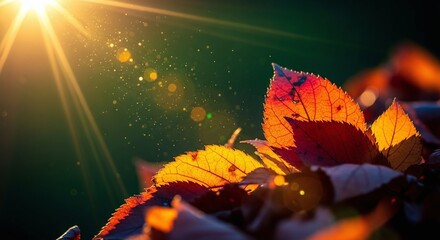 Bright orange and red maple leaves on the ground are illuminated by the morning sun, capturing the vibrant color of the fall season