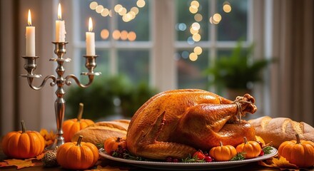 Thanksgiving turkey dinner on festive autumn table near fireplace