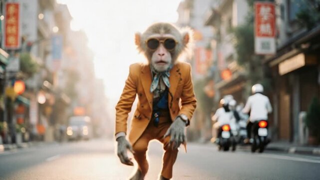 A fashionable monkey in a suit and sunglasses crouches on a lively city street.