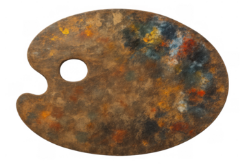 Artist's wood palette for mixing paints, displaying creativity and artistic process on transparent background