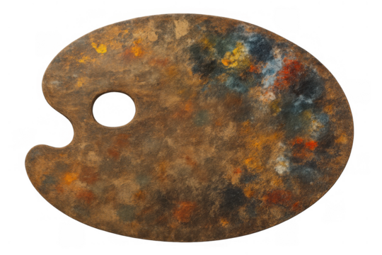 Artist's wood palette for mixing paints, displaying creativity and artistic process on transparent background