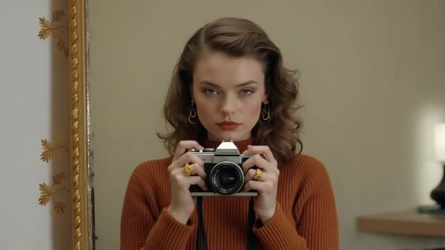 A stylish young woman thoughtfully holds a vintage camera, eyes closed in concentration