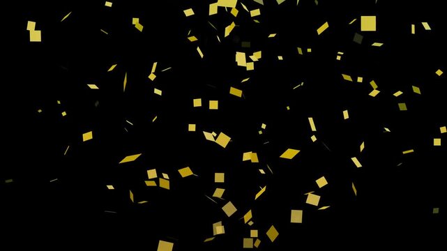 Explotion shiny gold confetti isolated on transparent video black background. Bright festive tinsel color.