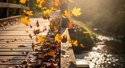 Golden autumn leaves gently descend onto an old wooden bridge spanning a tranquil stream, bathed in warm sunlight, capturing the serene beauty of the changing season