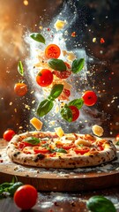 Close-up of pizza with flying ingredients, a wooden board, and a dark backdrop