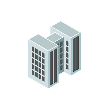 Isometric modern building. Building 3d render illustration with windows and trees, simple icon white colors. home buildings illustrations in 3d dimetric isometric view. Isometric urban city downtown.
