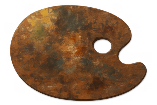 Artist's wood palette mixing oil paints, creating art, expressing creativity, isolated on transparent background