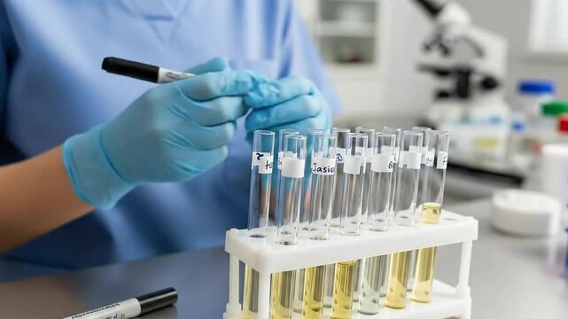 Scientist in Blue Lab Coat and Gloves Labels Test Tubes Containing Yellow Liquid in a Brightly Lit Laboratory Setting with Microscopes in Background