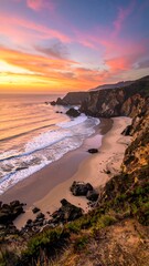Coastal landscape captured during sunset with vibrant skies and ocean