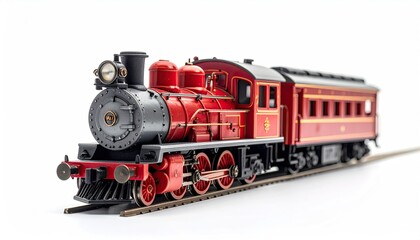 Fototapeta premium Red/black model train, tender, and passenger car on white
