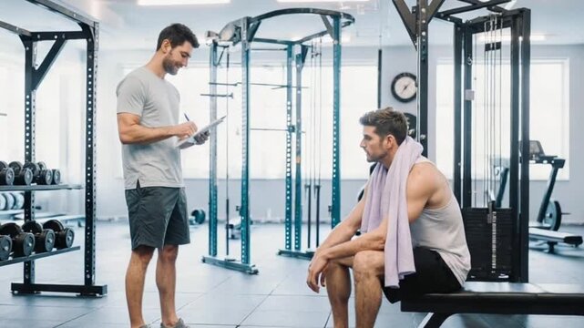 Personal trainer consults with a male client on a fitness regimen in a modern gym