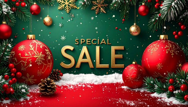 Christmas-themed "SPECIAL SALE" ad with festive decorations, ornaments, pine branches, and golden text on snowy red surface. - Powered by Adobe
