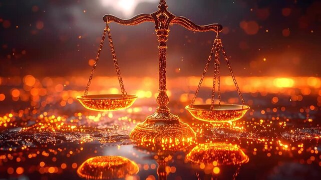 A golden balance scale symbolizing justice and fairness illuminated by shimmering golden particles and bokeh lights