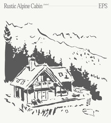 This is a beautiful rustic Alpine cabin sketch set in a serene mountain landscape