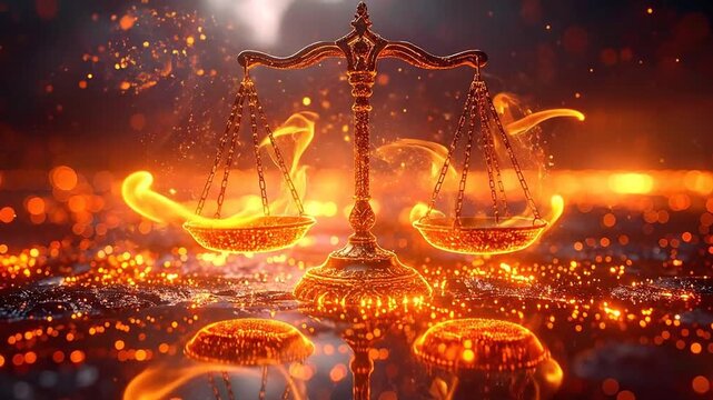 Abstract digital balance scales illuminated by fiery golden light, symbolizing cosmic justice, fairness, and the equilibrium of truth within a sparkling, ethereal realm