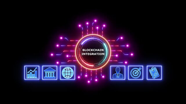 Concept for business BLOCKCHAIN INTEGRATION, management and procedures.Neon Circuit board line connecting with Artificial Intelligence technology concept.business and industrial technology concept.