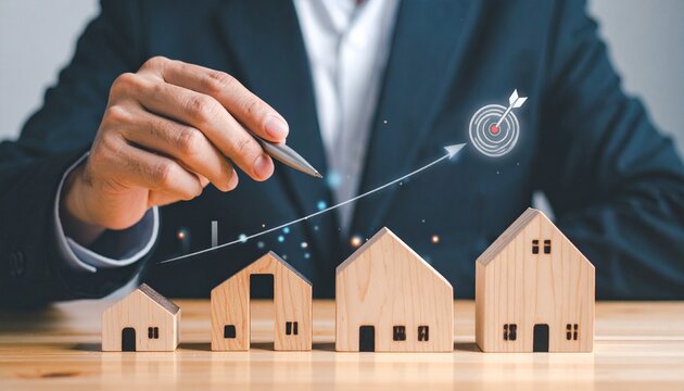Businessman pointing at rising graph over wooden houses, symbolizing real estate growth and investment success. - Powered by Adobe