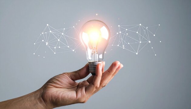 Glowing light bulb held by hand, surrounded by abstract network lines, symbolizing innovation and ideas. - Powered by Adobe