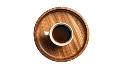 Coffee in white mug, centered on round wood tray