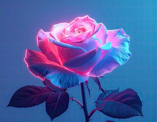 Neon-edged rose with pink and blue petals, dark leaves