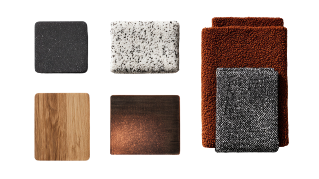 Assorted textures; tiles, wood, copper, stone