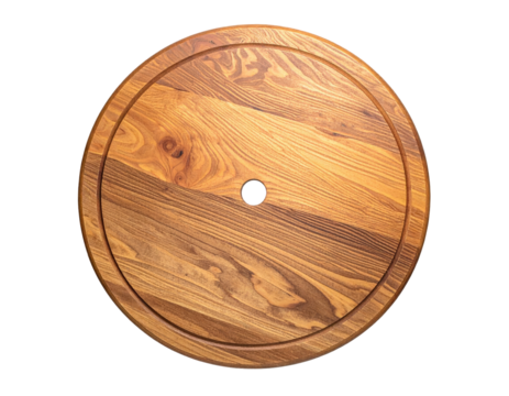 Round wood board with grain and center hole, top-down