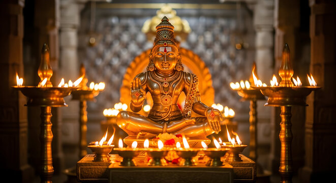 Lord Ayyappa Idol Illuminated by Candlelight in Temple