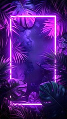 Neon rectangle framed by lush, purple-toned tropical foliage