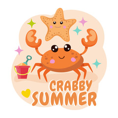 Cute cartoon crab and a smiling starfish enjoying a crabby summer day at the beach with a bucket and shovel.