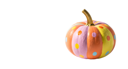 A vibrantly painted autumn pumpkin with colorful stripes and polka dots isolated on transparent background