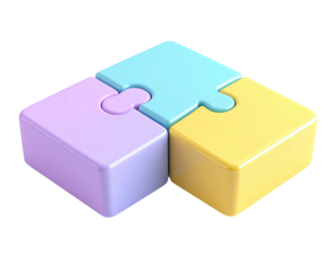 3D-rendered image Three interconnected, pastel-colored jigsaw puzzle pieces