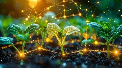 Young green plants illuminated and connected by a glowing digital network, symbolizing smart farming technology, agricultural innovation, and sustainable growth for the future
