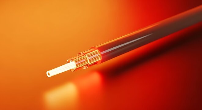 Closeup view of a coaxial cable cross section with a bright orange and red gradient background.