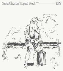 Santa Claus enjoying a vacation on a sunny tropical beach with his colorful luggage beside him